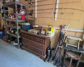 fishing rods and reels, garage, tools