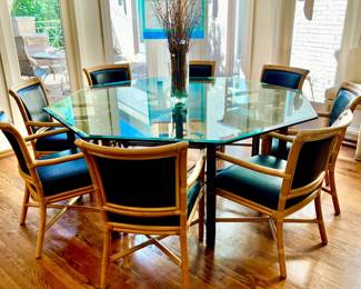 AMAZING MCGUIRE BY BAKER DINING TABLE, GLASS TOP, BAMBOO LEGS WITH 8 MCGUIRE WOVEN LEATHER RATTAN CHAIRS. RETAIL $10,000.