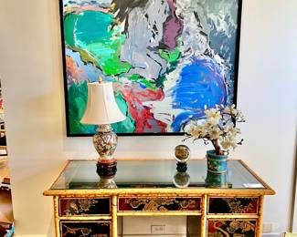 VINTAGE SCORCHED BAMBOO WITH JAPANNED TOP WRITING DESK. SO PRETTY! GEOFFREY MACEWAN "ORPHEUS", 54X48" MODERN OIL PAINTING.