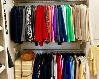 TWO FULL CLOSETS, 2 ROLLING RACKS FULL OF UPSCALE CLOTHING. MEN'S CLOTHING DOWNSTAIRS.