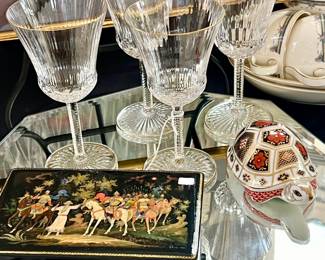 SAINT LOUIS APOLLO GOLD RIMMED WINE STEMS FROM FRANCE. RUSSIAN LAQUER BOX.