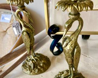 BRASS CRANE CANDLESTICKS. HEAVY. QUALITY.