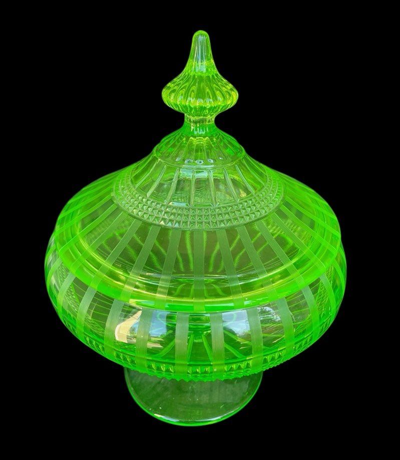 Green Vintage Vaseline /Uranium Glass Lidded and Footed Candy Dish