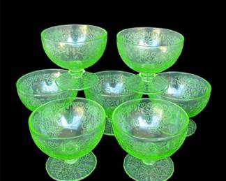 Green Vaseline/Uranium Glass Vintage Etched Sherbet Dishes * 7