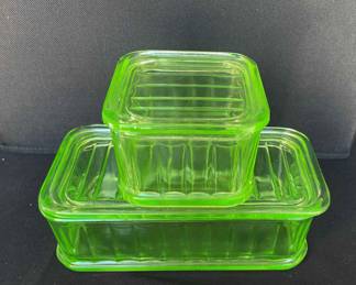 Green Vaseline/Uranium Glass Lidded Storage Dishes