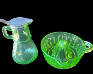 Green Depression Uranium/Vaseline Glass Syrup Decanter * Citrus Juicer