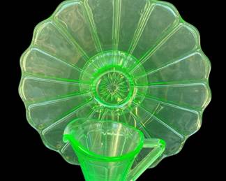 Green Vaseline/Uranium Glass Footed Serving Plate * Art Deco Cream Pitcher