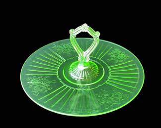 Green Vintage Vaseline/Uranium Glass Horderve Plate with Handle