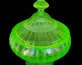 Green Vintage Vaseline /Uranium Glass Lidded and Footed Candy Dish