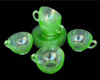 Green Vaseline/Uranium Vintage Glass Etched Teacups * Saucers
