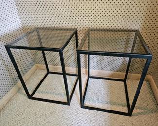 93 PairOfMatteBlackMetalFrameGlassTopEndTableNightstands