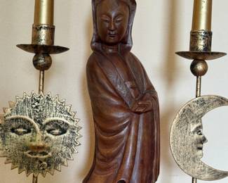 107 WoodenGuanYinCarvingWithCandleholders