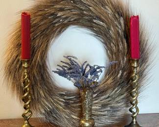 182 WheatgrassWreathTwistedBrassCandlesticksVase