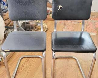 139 - 2 Vintage Chairs by Mesco - 33" x 20" x 16" one is as is - vinyl is torn