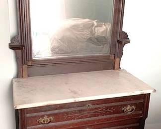 7 - Victorian Walnut Marble Top Dresser w/ Mirror 79" x 39" x 20"