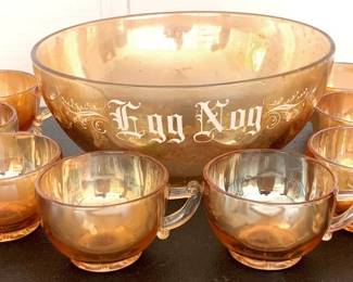 187 - 9 Piece Carnival Glass Egg Nog Bowl & Glasses