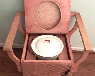 102 - Antique Chamber Pot & Enamelware Bucket Wicker is damaged in front - as is 30" x 23" x 19"