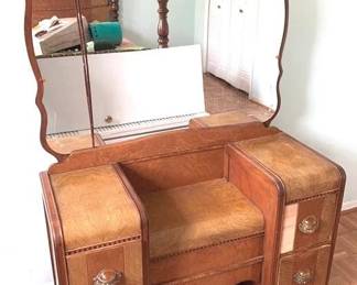 68 - Vintage Waterfall Vanity w/ Mirror 68" x 43" x 17" - some veneer missing