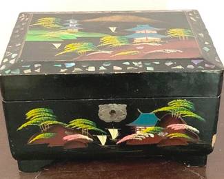 117 - Oriental Wood Jewelry Box - 4" x 8" x 5"