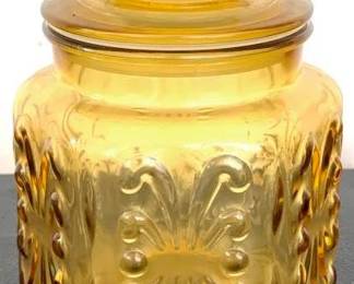 236 - LE Smith Atterbury Scroll Amber Lidded Jar 7" Tall