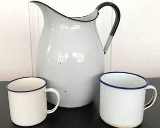 198 - Enamelware Pitcher with 2 Cups - 11" & 4" Tall