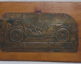 1441 - Automobile Metal Relief on Wood Art 6x10