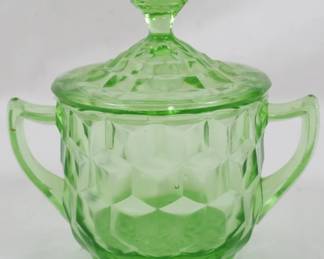1144 - Green Depression Glass Cubist Sugar 5"