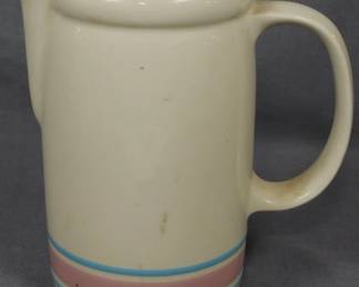 988 - USA Pink & Blue Ring Pottery Pitcher 7.5"