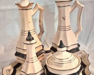 4282 - Vintage Ceramic Condiment Set as is Includes two tall cruets, a lidded jar, shaker and a scalloped edge tray - some chipping Cruets are 7" tall
