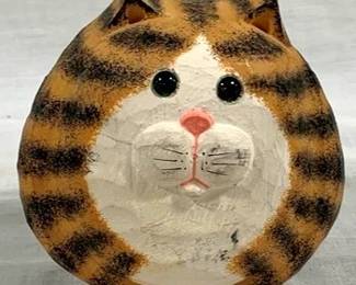 9376 - Carved Wood Cat Face Figure Signed 4"