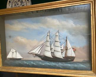 1900-ish, Victorian, 3-D Shadowbox Diarama Painting--U.S. Naval Ship in Gilded Frame=Awesome! Approx. 30"x24" 