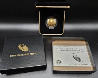 2014 National Baseball Hall of Fame $5 Gold Coin – U.S. Mint Uncirculated w/ COA & Display Box