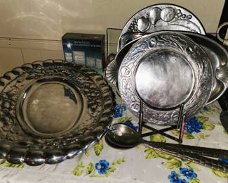 Pewter and Arthur Court: Huge oval platter, dishes, plates and platters