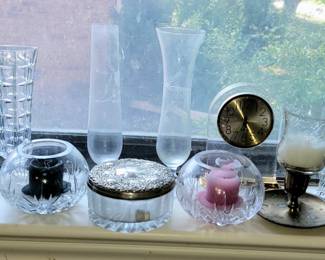 Glass and crystal decor: vases, candleholders, powder holder and bells