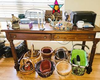Writing desk, laser printer, baskets and decor