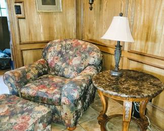 Ashley Furniture chair and ottoman - Framed Etching - 1 of 2 brass large wall lanterns and round side table with granite top