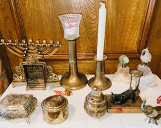 Brass Decor: Menorah, candle holder, elephant, dog, trinket boxes. Quartz birds