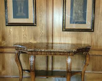 Buffet - one of set of 3 wood tables with carved wood legs and granite top. Tall buffet with 2 shelves