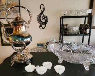 Silverplate Coffee Urn, Large crystal bowl and China salt cellars