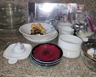 Casseroles, Pewter tray, ramekins, napkin holders and desert plates