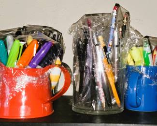 Craft supplies: pens, pencils, paints, markers, pencils