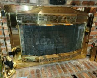 Brass fireplace enclosure, fireplace tools and match holders