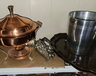 Copper chaffing dish, Pewter ice bucket