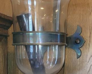 One of 2 large brass/glass wall lanterns