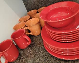 Red dinnerware set - orange pottery mugs