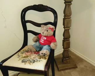 Retro furniture: Needlepoint chair and footrest - wood pedestal