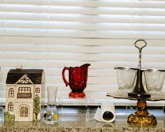 Kitchen: White Christmas dishes, Serving towers, Sun-Moon creamer, Cookie Jar