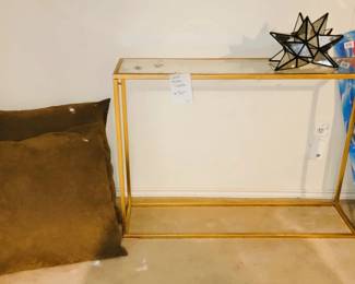 Gold "brass" and glass small entry table, floor pillows