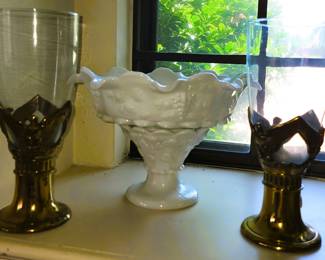 Brass / glass vases - milk glass pedestal bowl
