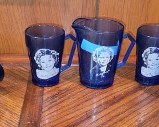 Blue glass. Shirley Temple pitcher and mugs